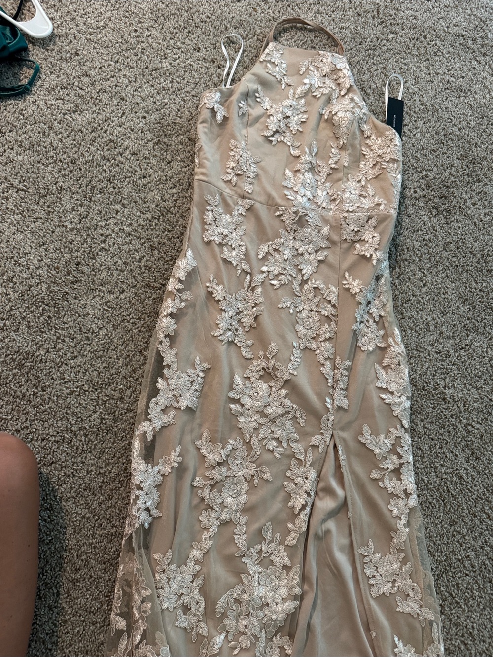 Lulu's Nude Halter Gown with Ivory Lace Appliqué